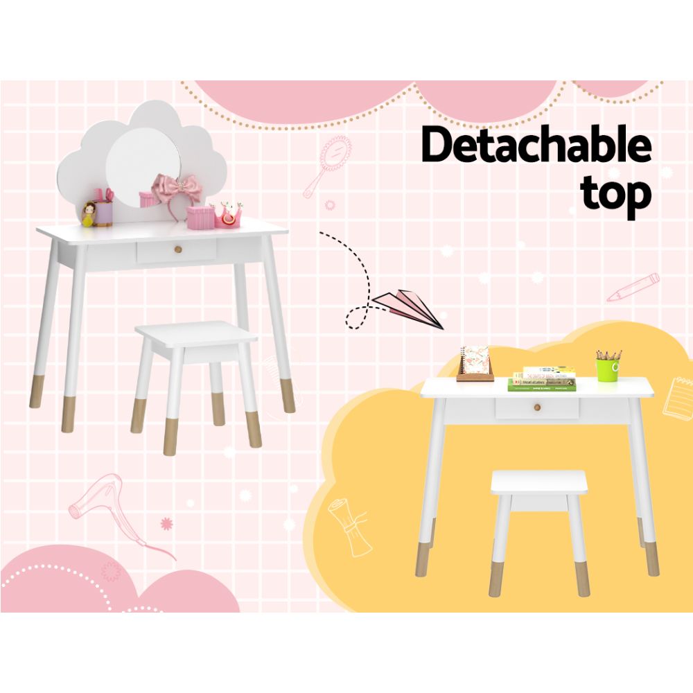 Kids Dressing Table & Stool – Cloud Motif, Mirror, Storage Drawer, White