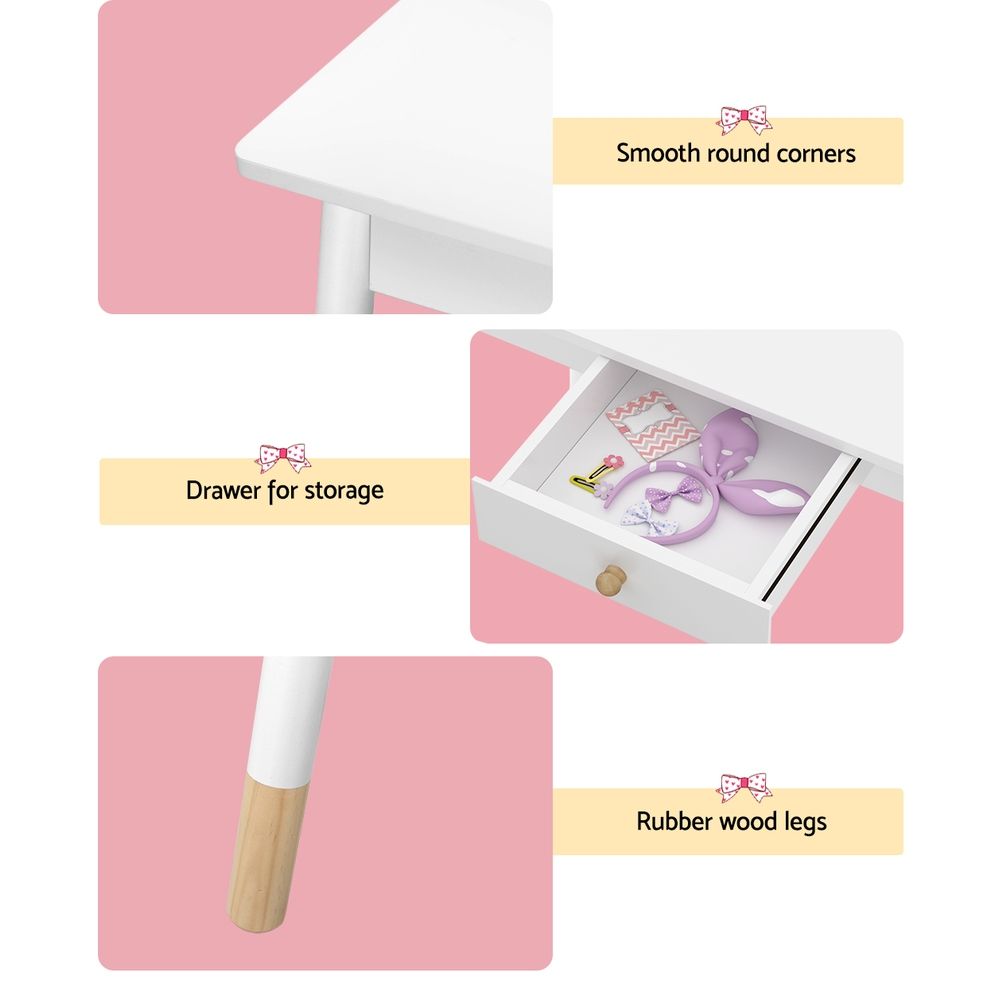 Kids Dressing Table & Stool – Cloud Motif, Mirror, Storage Drawer, White