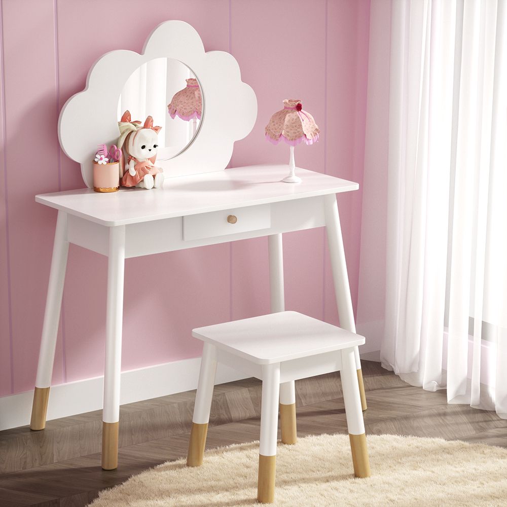 Kids Dressing Table & Stool – Cloud Motif, Mirror, Storage Drawer, White