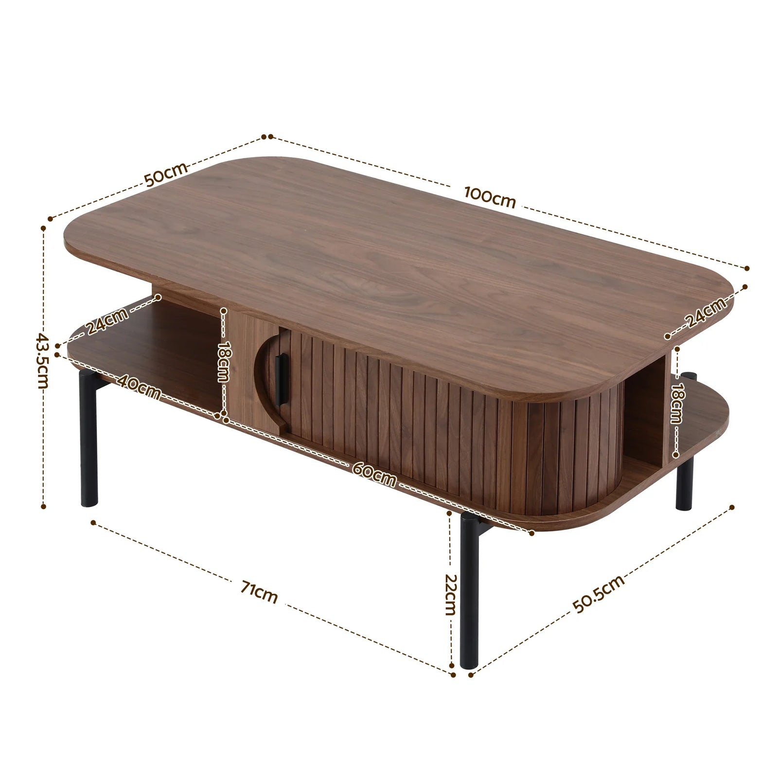Artiss Coffee Table with Fluted Panels, Storage Cabinets & Metal Legs – Walnut