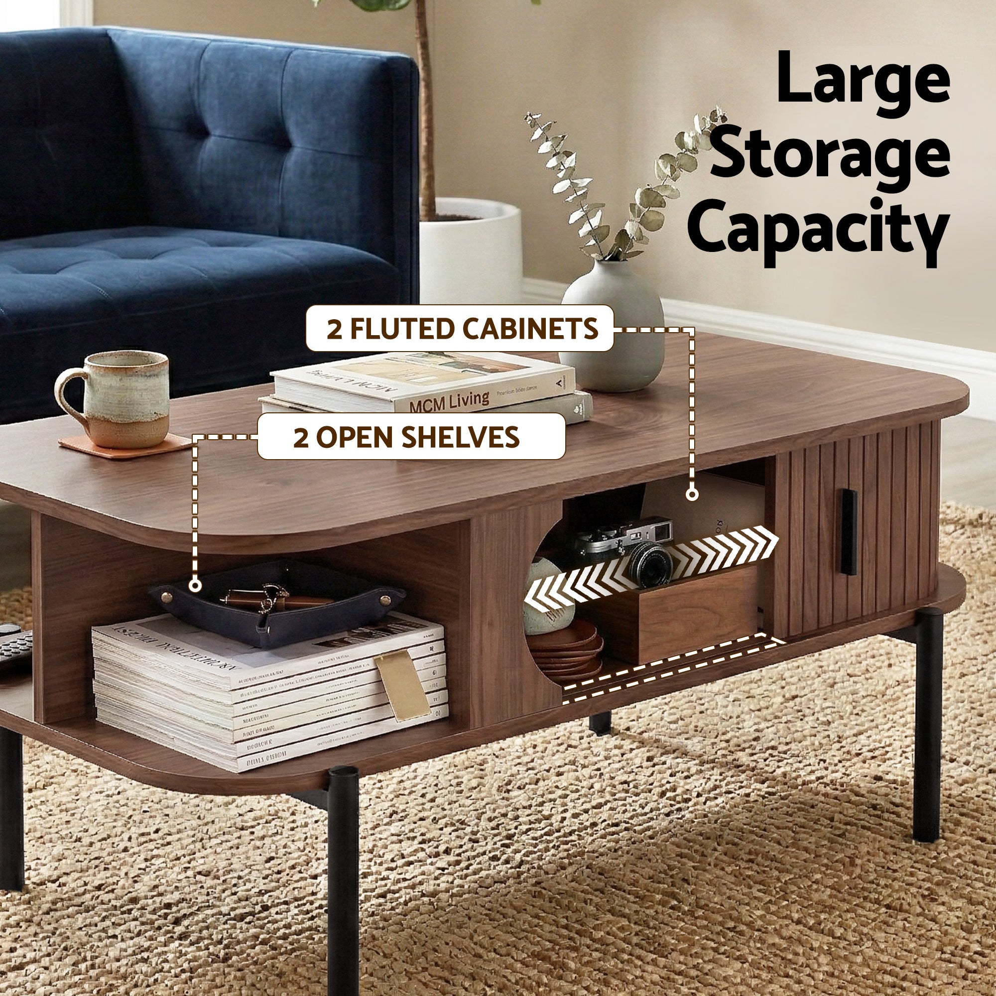 Coffee Table with Fluted Panels, Storage Cabinets & Metal Legs – Walnut