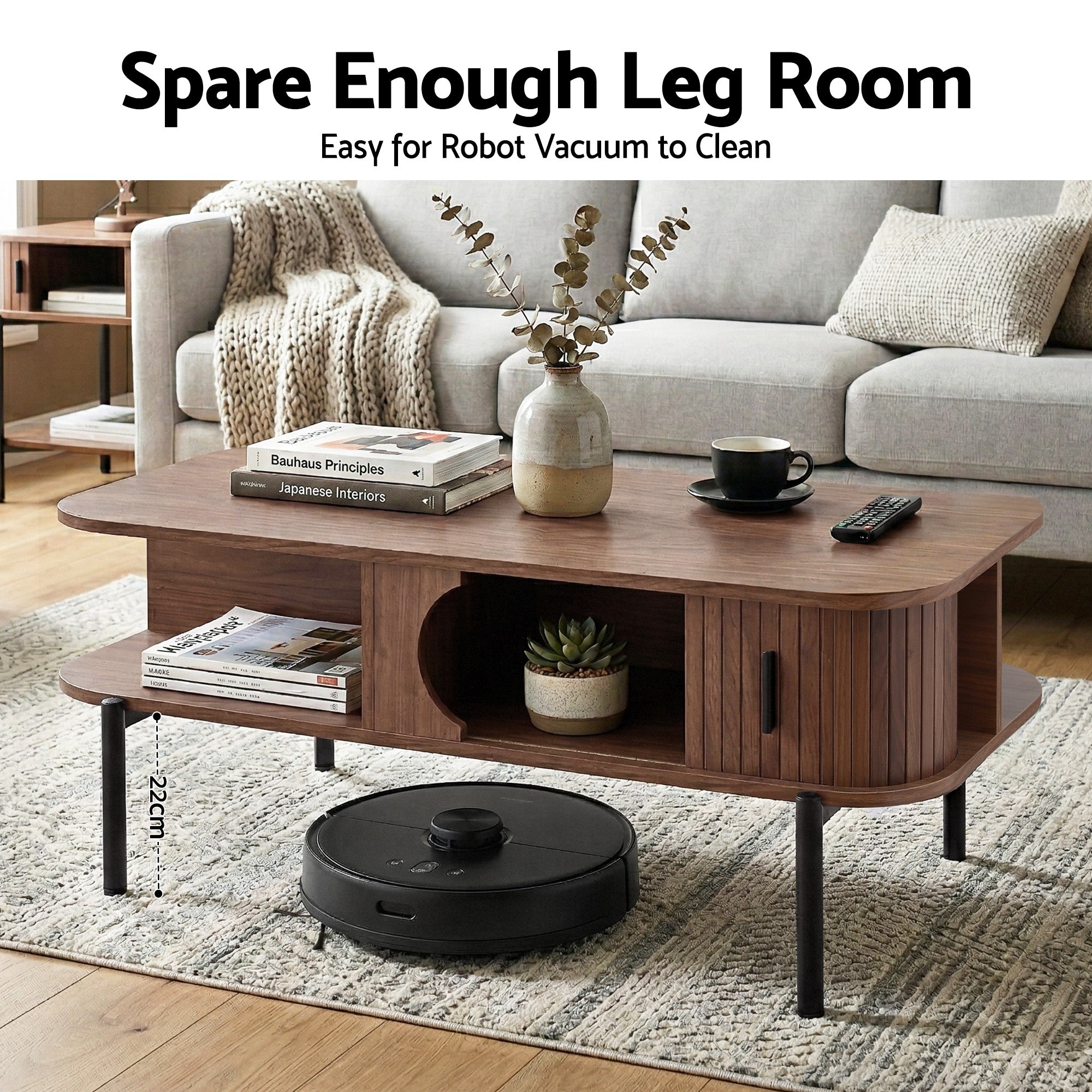 Coffee Table with Fluted Panels, Storage Cabinets & Metal Legs – Walnut