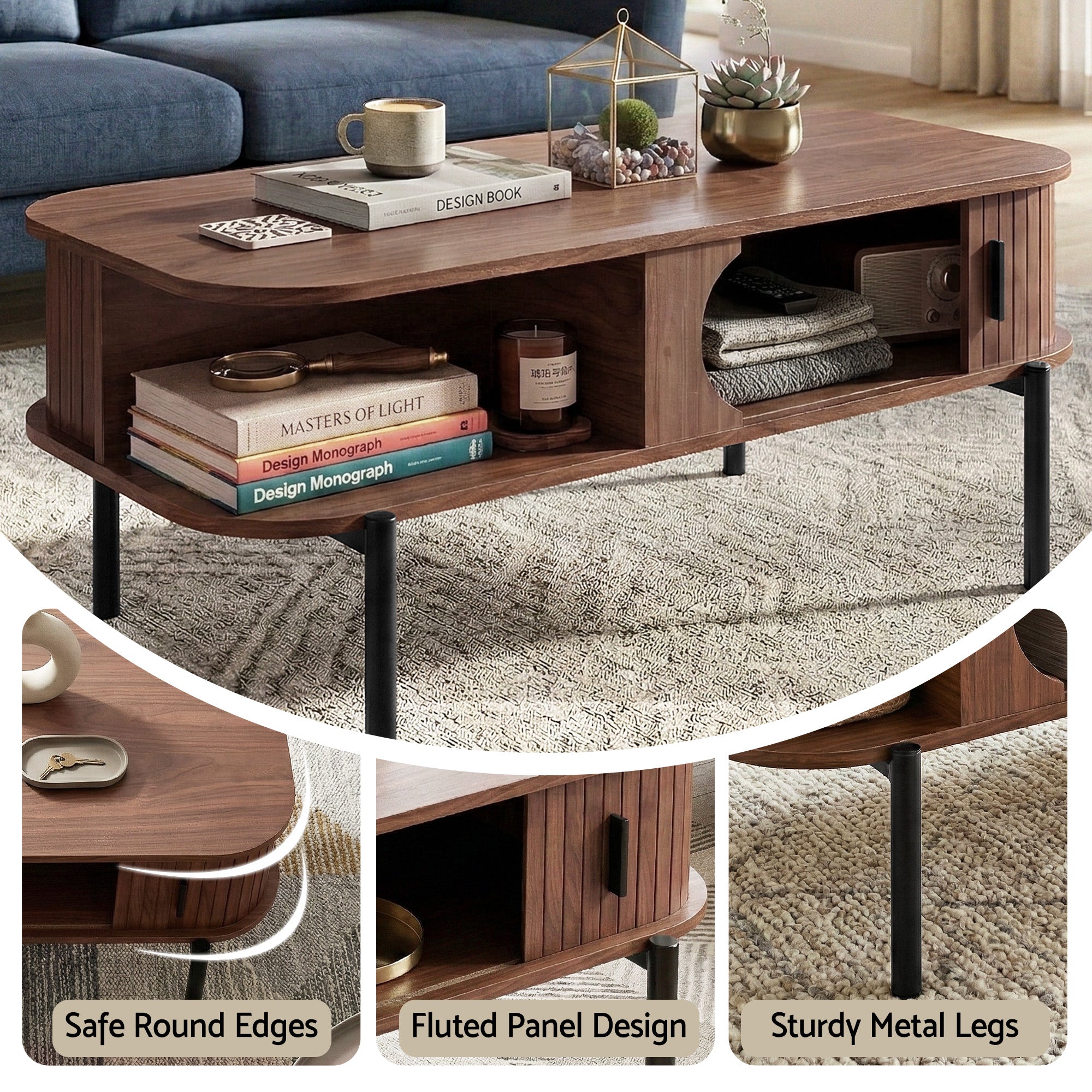 Coffee Table with Fluted Panels, Storage Cabinets & Metal Legs – Walnut