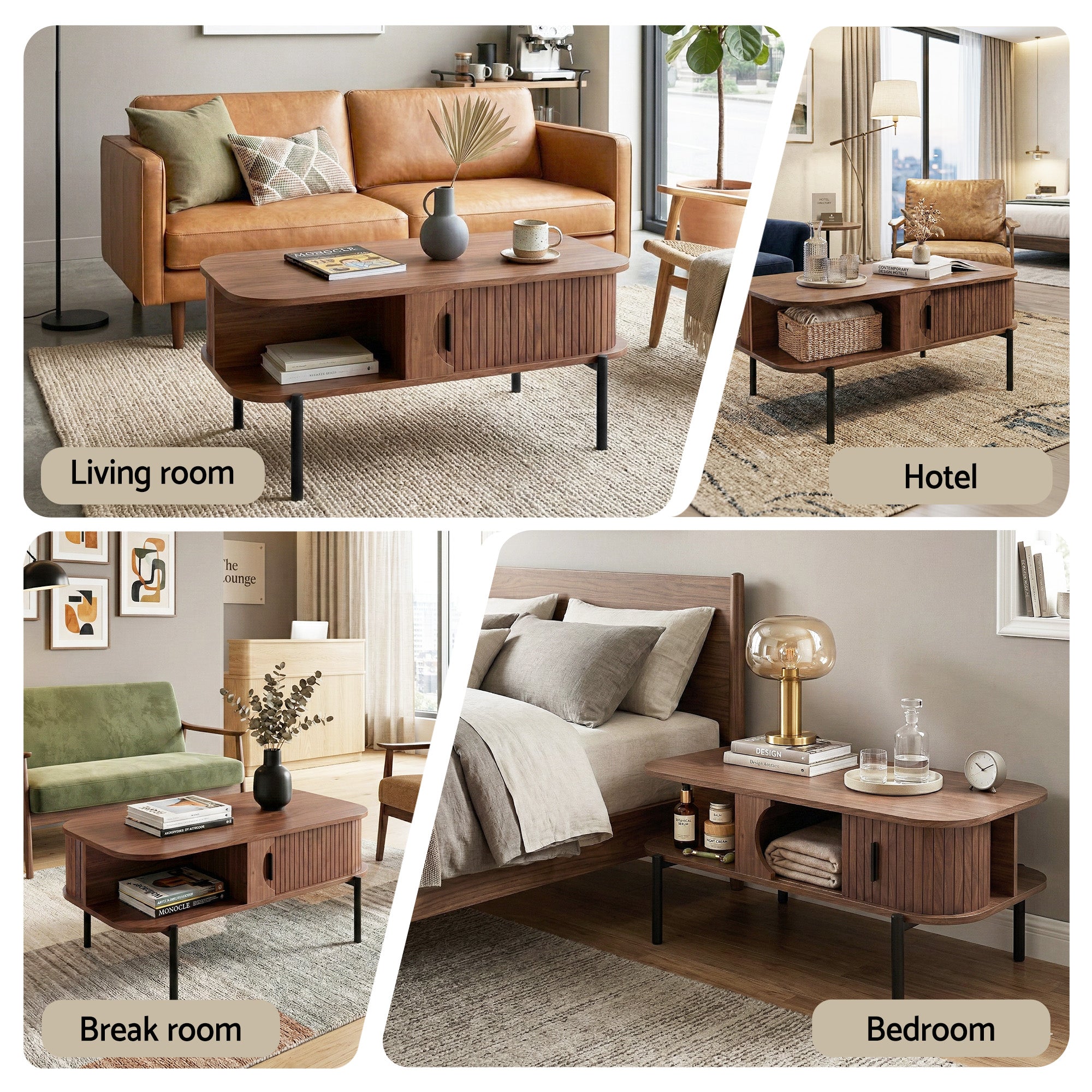 Coffee Table with Fluted Panels, Storage Cabinets & Metal Legs – Walnut