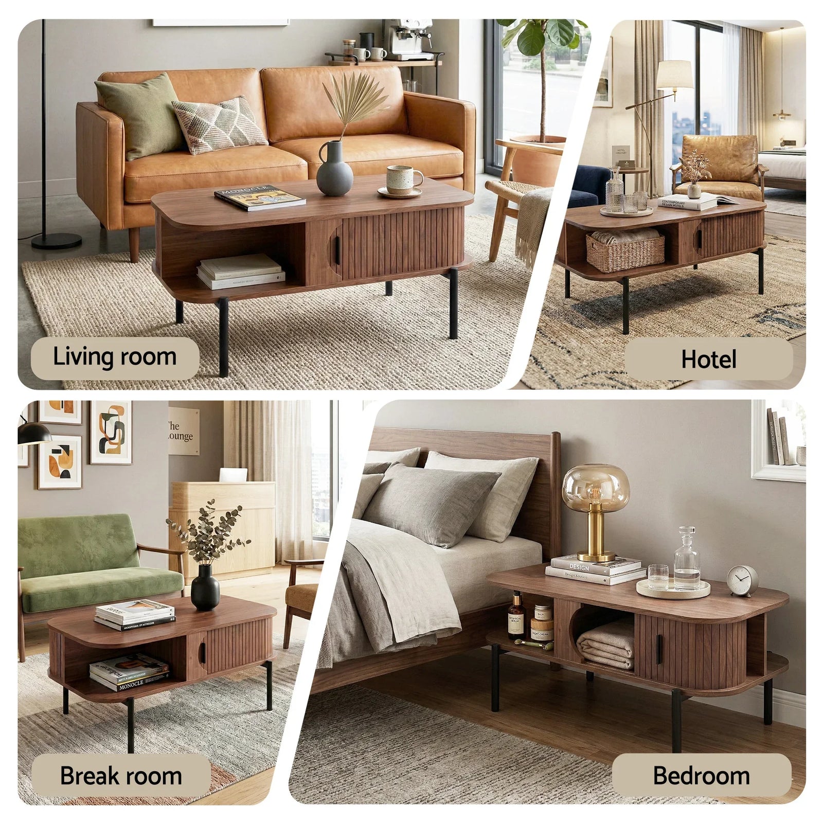 Artiss Coffee Table with Fluted Panels, Storage Cabinets & Metal Legs – Walnut