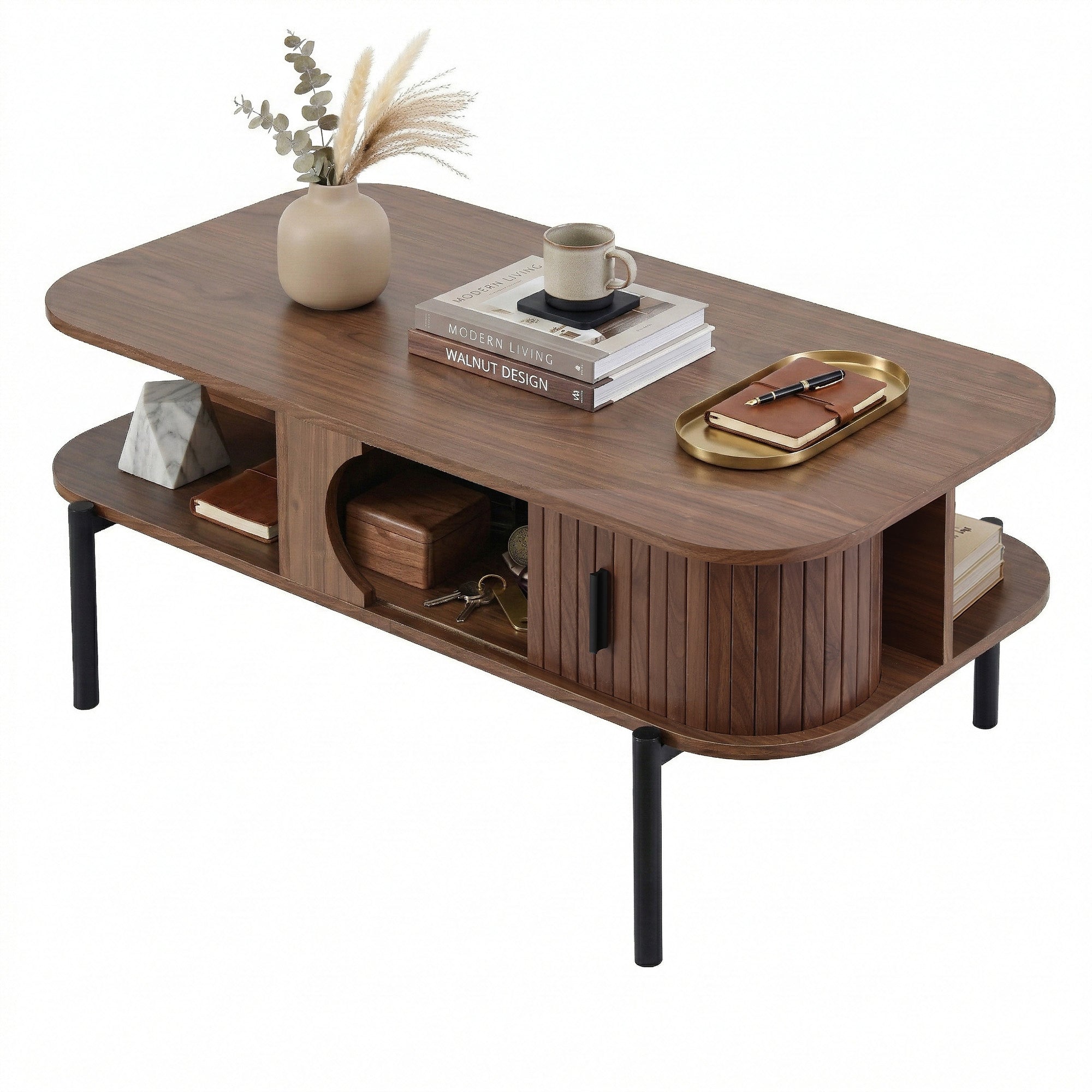 Coffee Table with Fluted Panels, Storage Cabinets & Metal Legs – Walnut