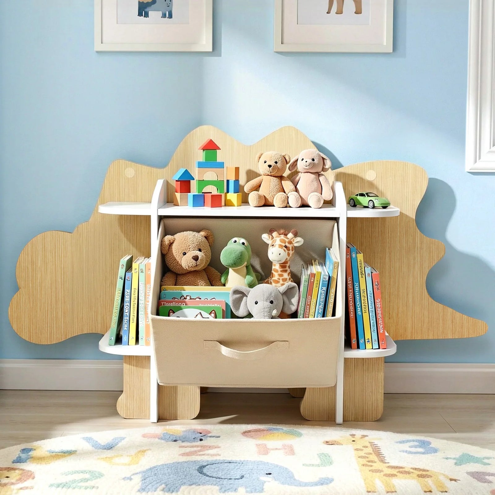Dinosaur Kids Bookshelf 2-Tier Children's Bookcase Wooden with with Fabric Drawer, Toddler Bookshelf Toy Storage Organizer for Preschool, Kids Room, Playroom, Nursery