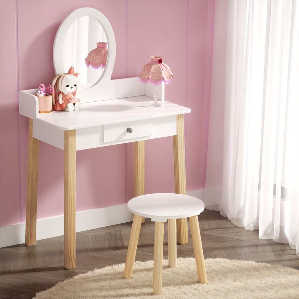 Kids Dressing Table Set – Vanity Desk with Mirror & Stool White