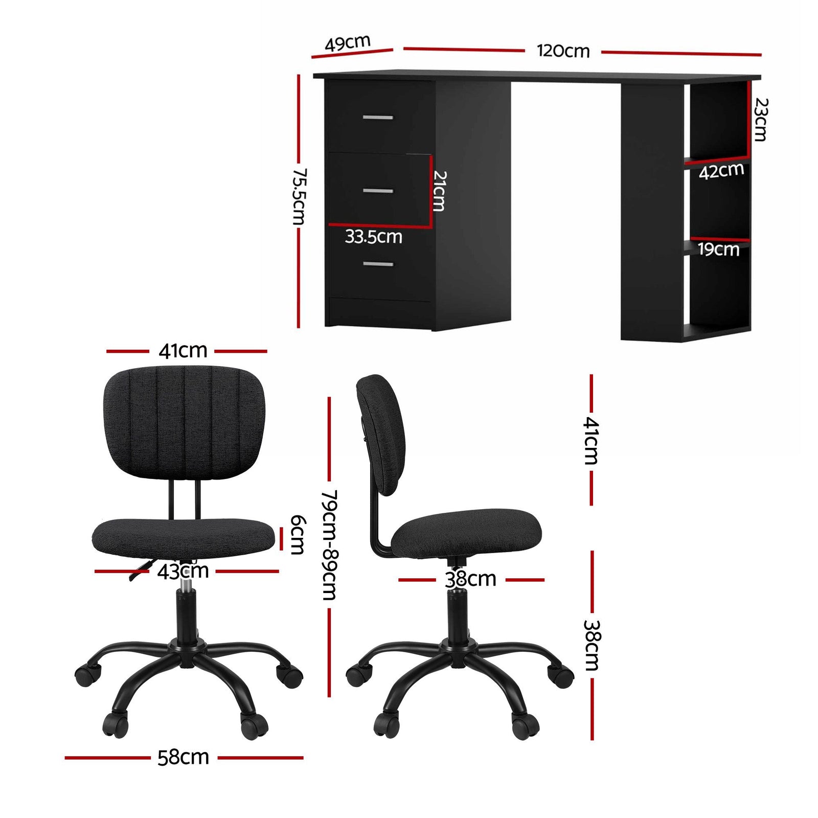 Office Desk & Chair Set 120cm Computer Desk with 3 Drawers & Open Shelves, Ergonomic Armless Office Chair with Wheels, Height Adjustable for Home Office Study