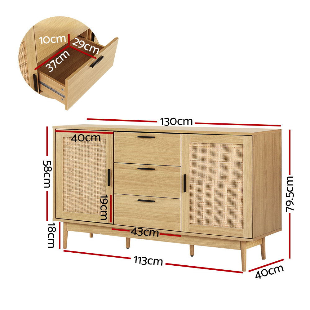 Artiss Rattan Buffet Sideboard 130cm Storage Cabinet with Drawers Wood Finish