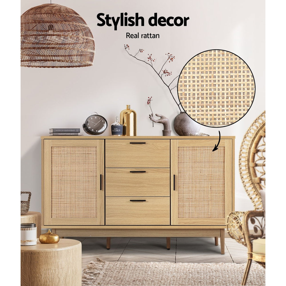 Artiss Rattan Buffet Sideboard 130cm Storage Cabinet with Drawers Wood Finish