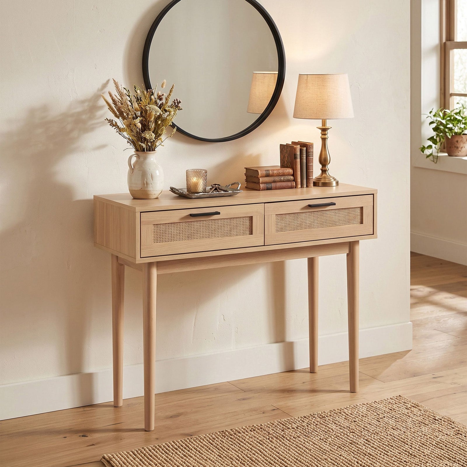 Artiss Rattan Console Table 2 Drawer Hallway Entry Table Wooden Legs