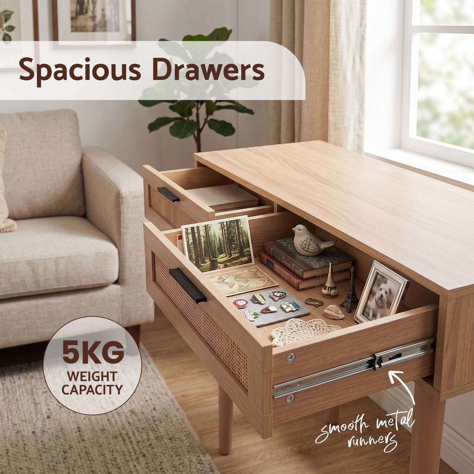 Artiss Rattan Console Table 2 Drawer Hallway Entry Table Wooden Legs