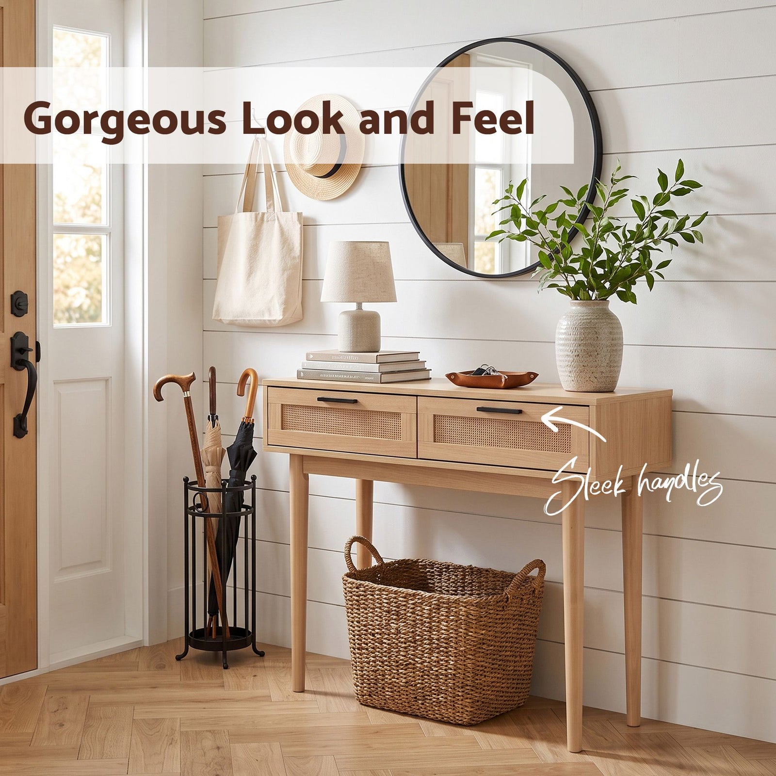 Artiss Rattan Console Table 2 Drawer Hallway Entry Table Wooden Legs