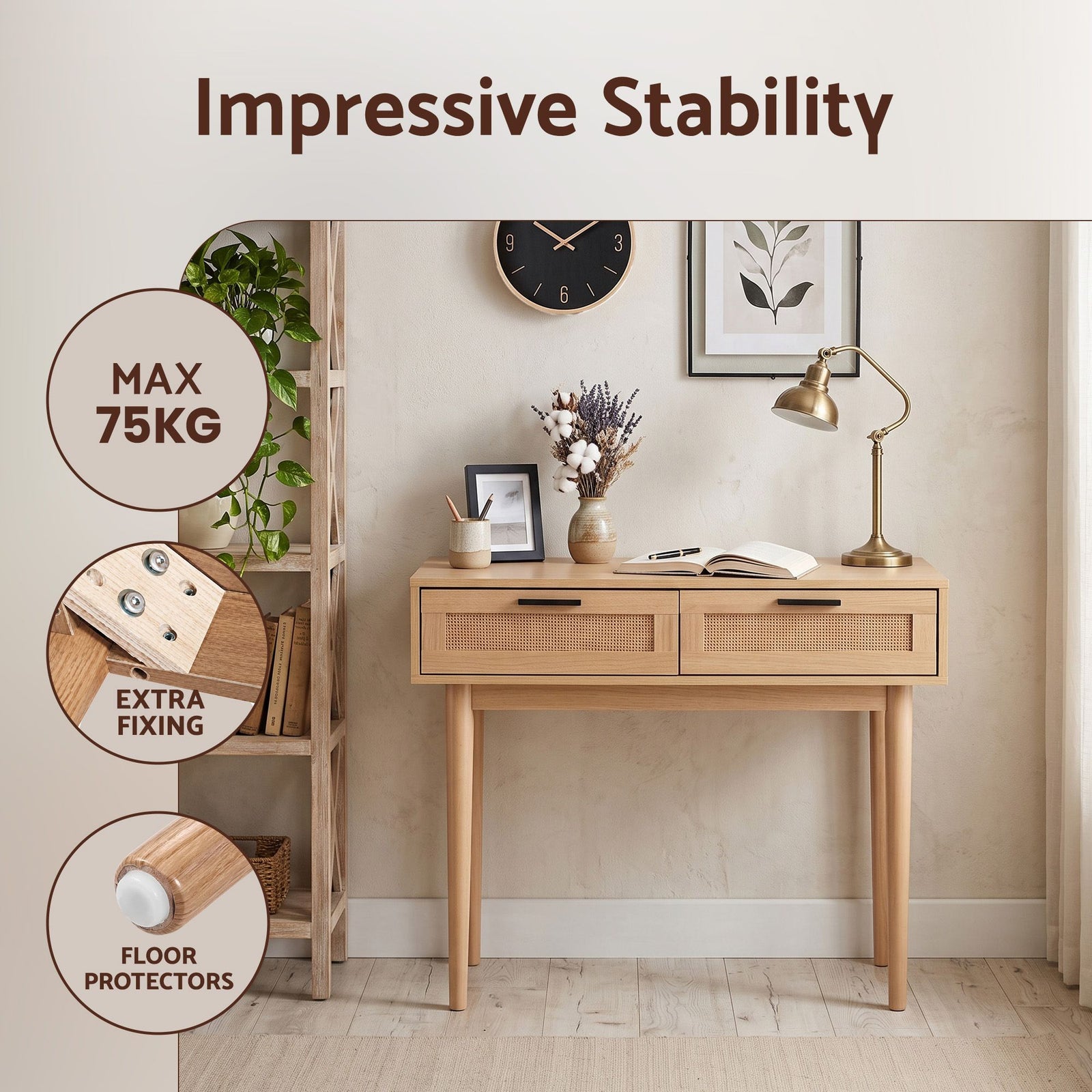 Artiss Rattan Console Table 2 Drawer Hallway Entry Table Wooden Legs