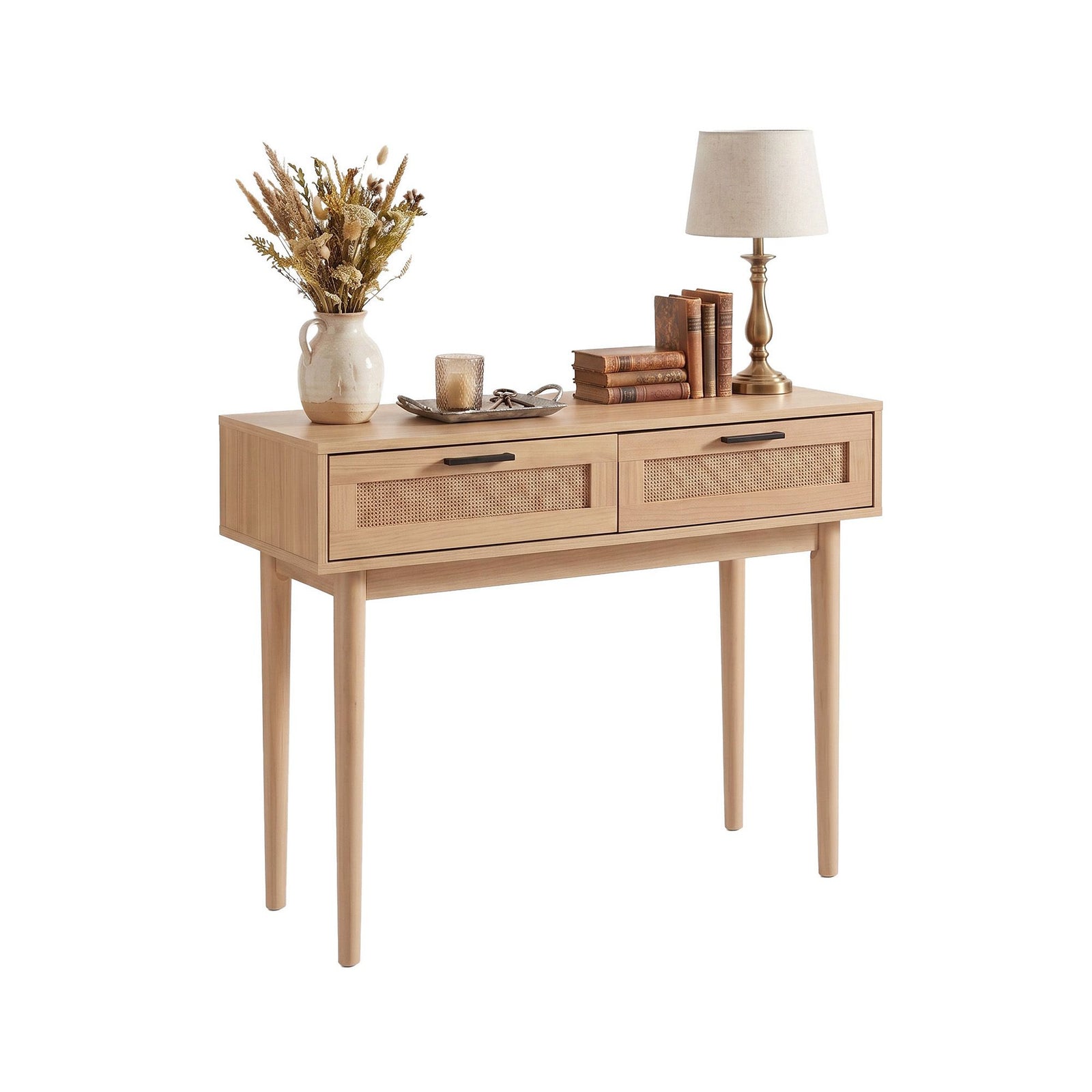 Artiss Rattan Console Table 2 Drawer Hallway Entry Table Wooden Legs