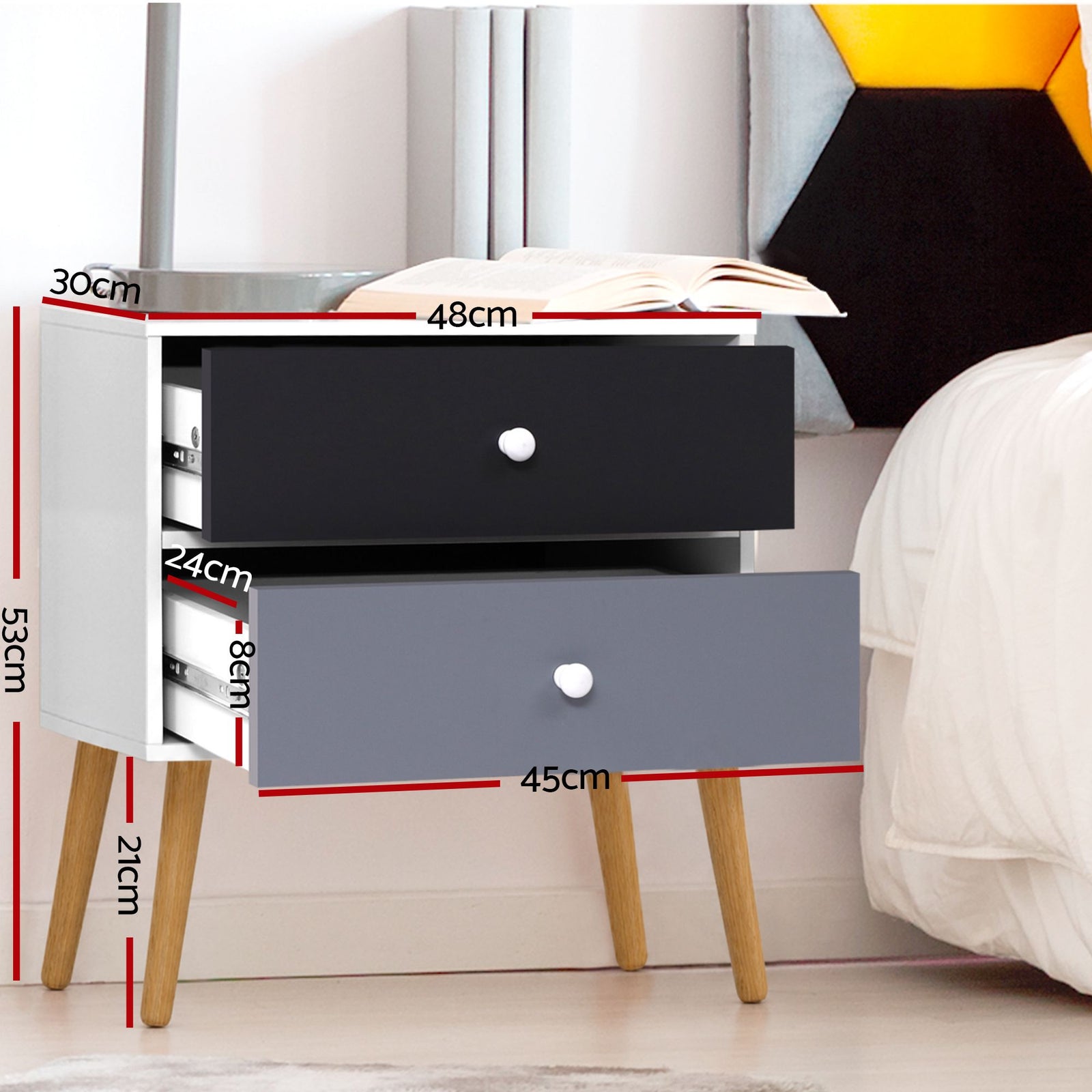 Artiss Scandinavian Bedside Table 2 Drawer Nightstand Black White Wooden Legs