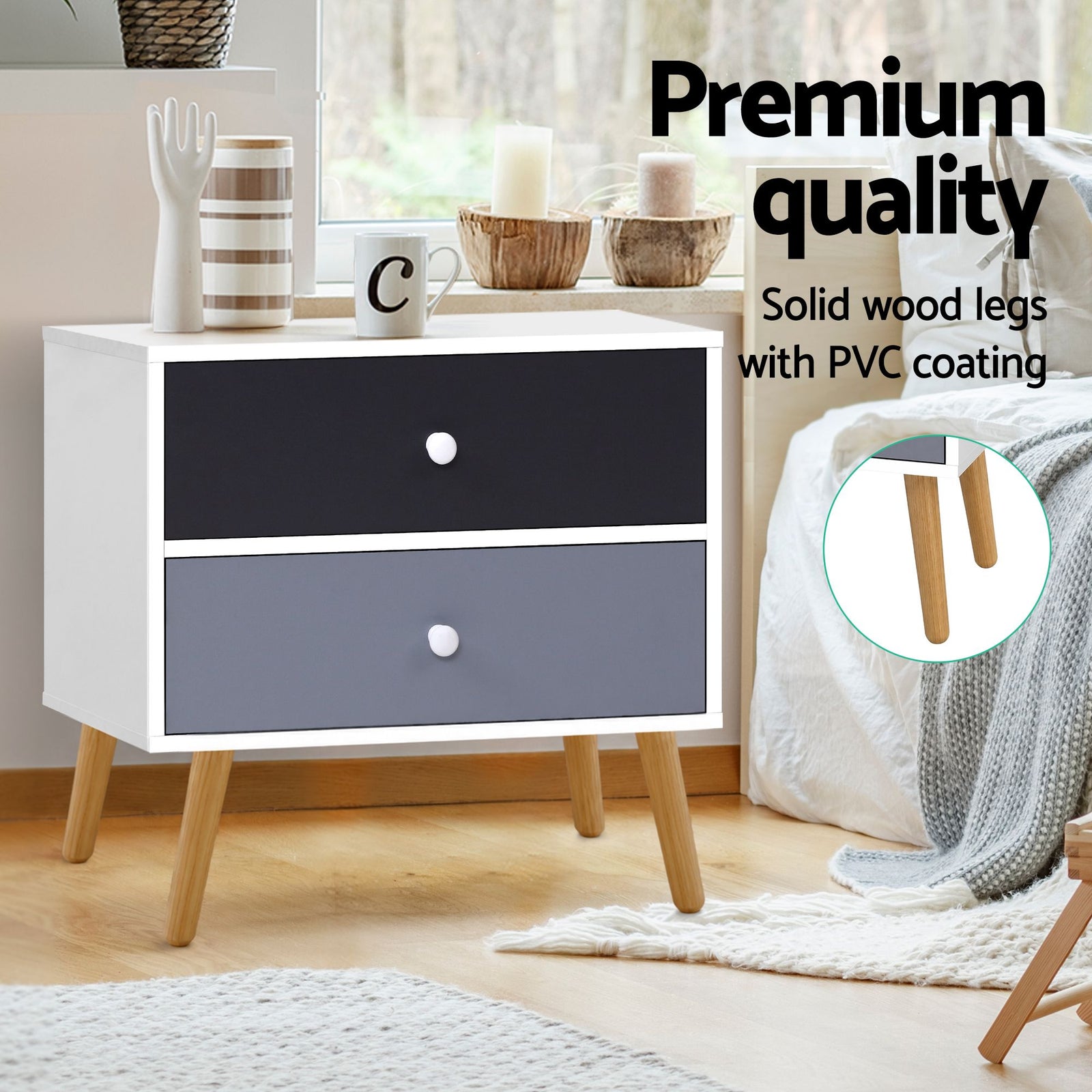 Artiss Scandinavian Bedside Table 2 Drawer Nightstand Black White Wooden Legs