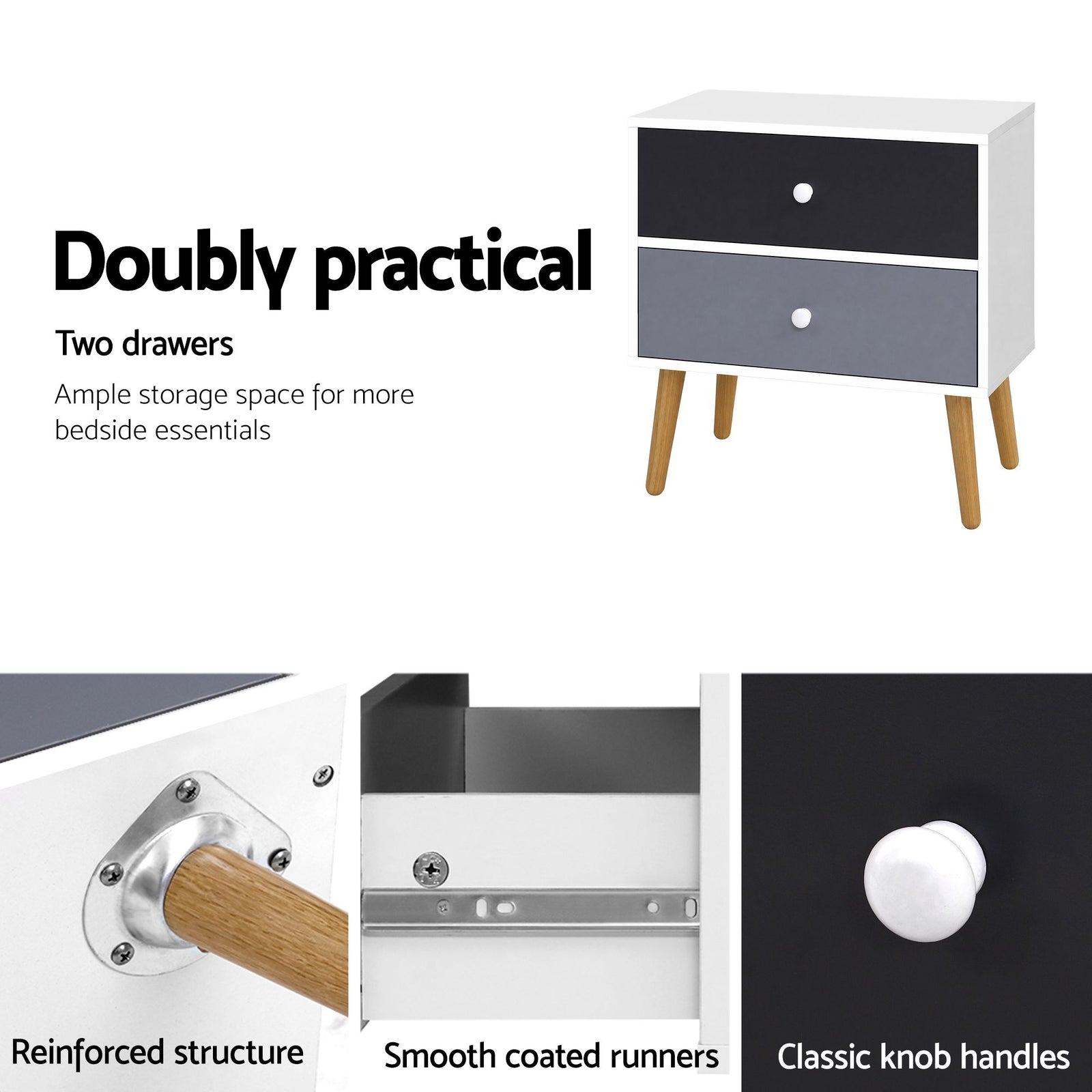 Artiss Scandinavian Bedside Table 2 Drawer Nightstand Black White Wooden Legs