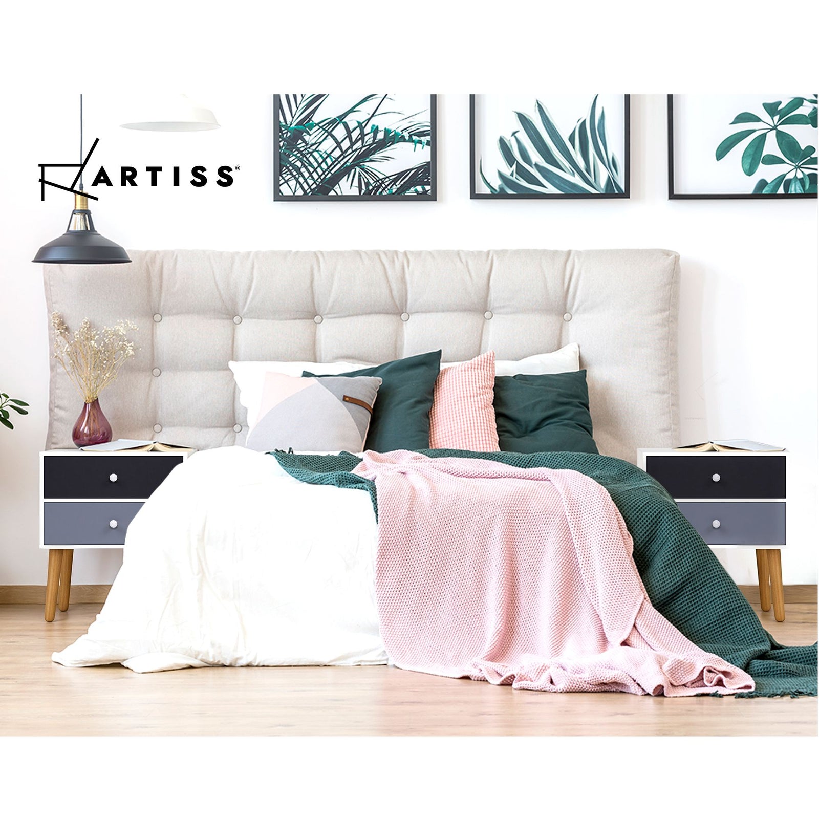 Artiss Scandinavian Bedside Table 2 Drawer Nightstand Black White Wooden Legs