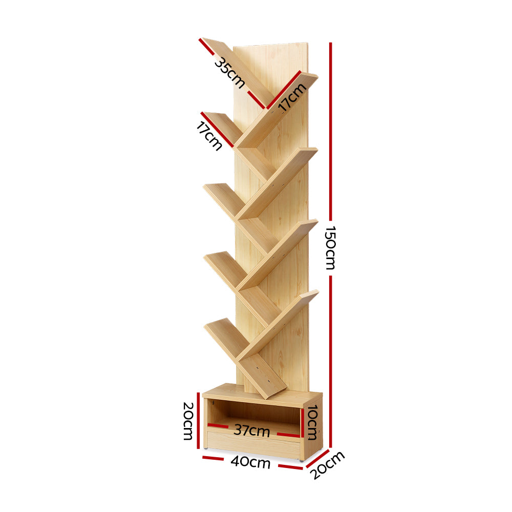 Artiss Tree Bookshelf 9 Tier Wooden Storage Display Rack Pine