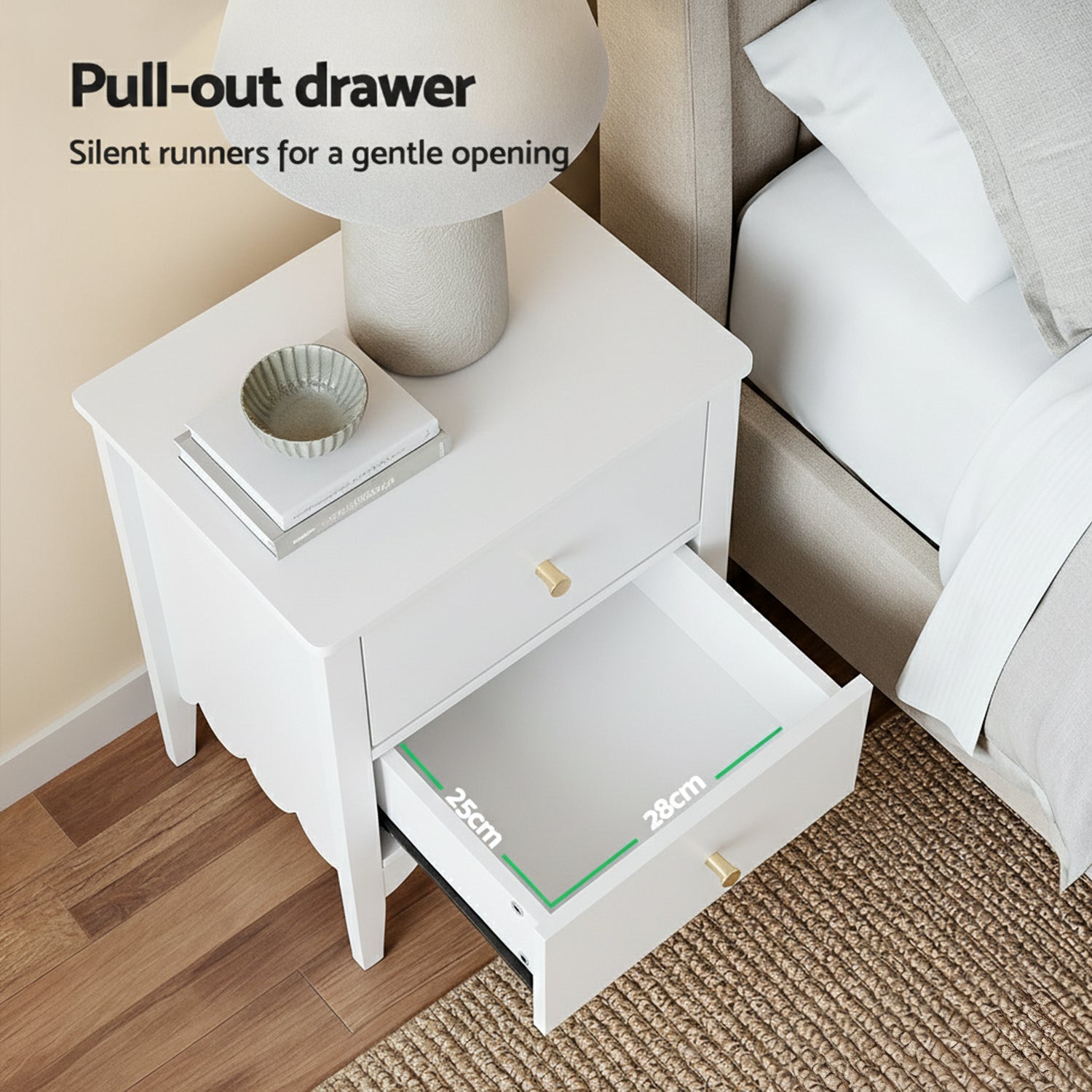 Bedside Table 2 Drawers Bedroom Storage Nightstand White