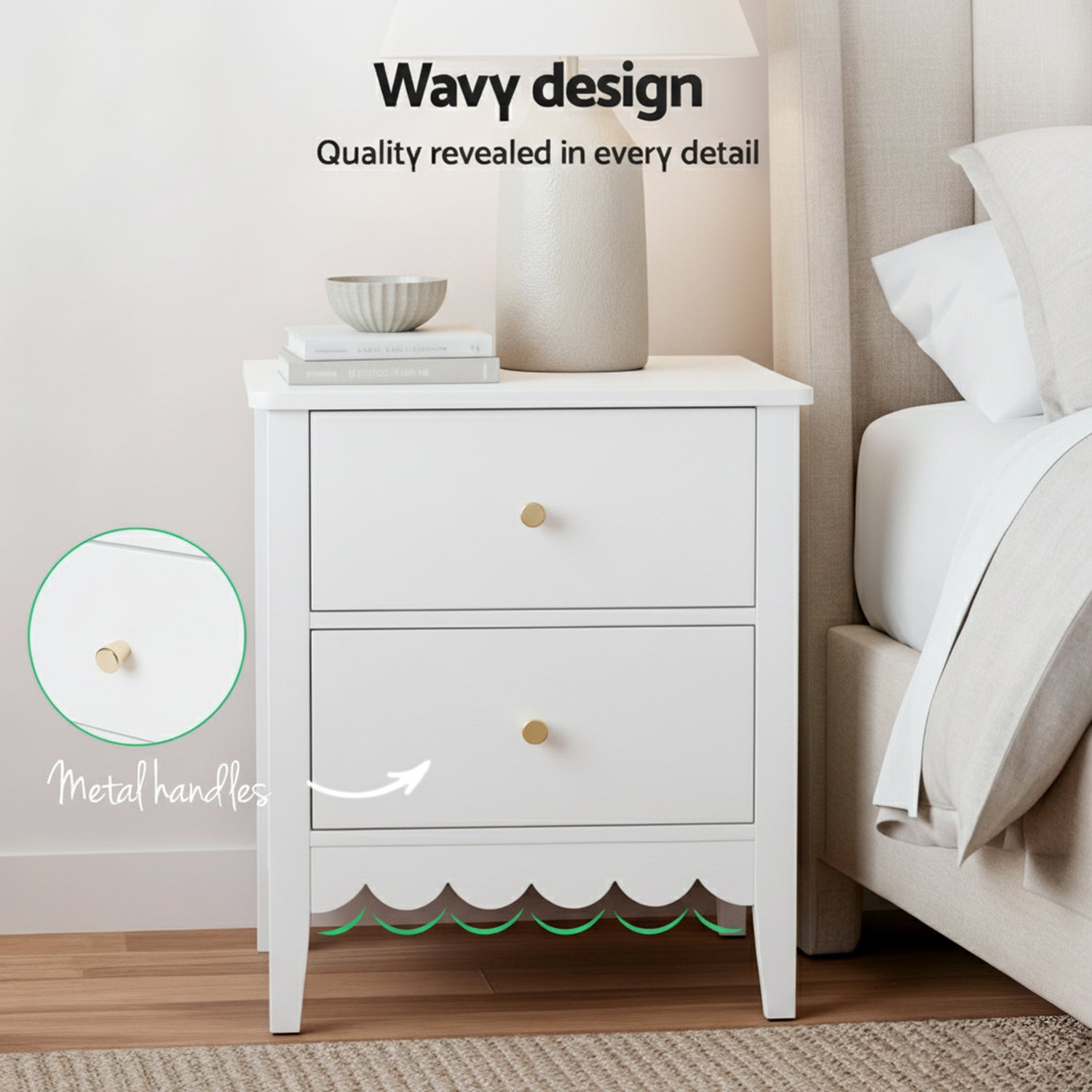 Bedside Table 2 Drawers Bedroom Storage Nightstand White
