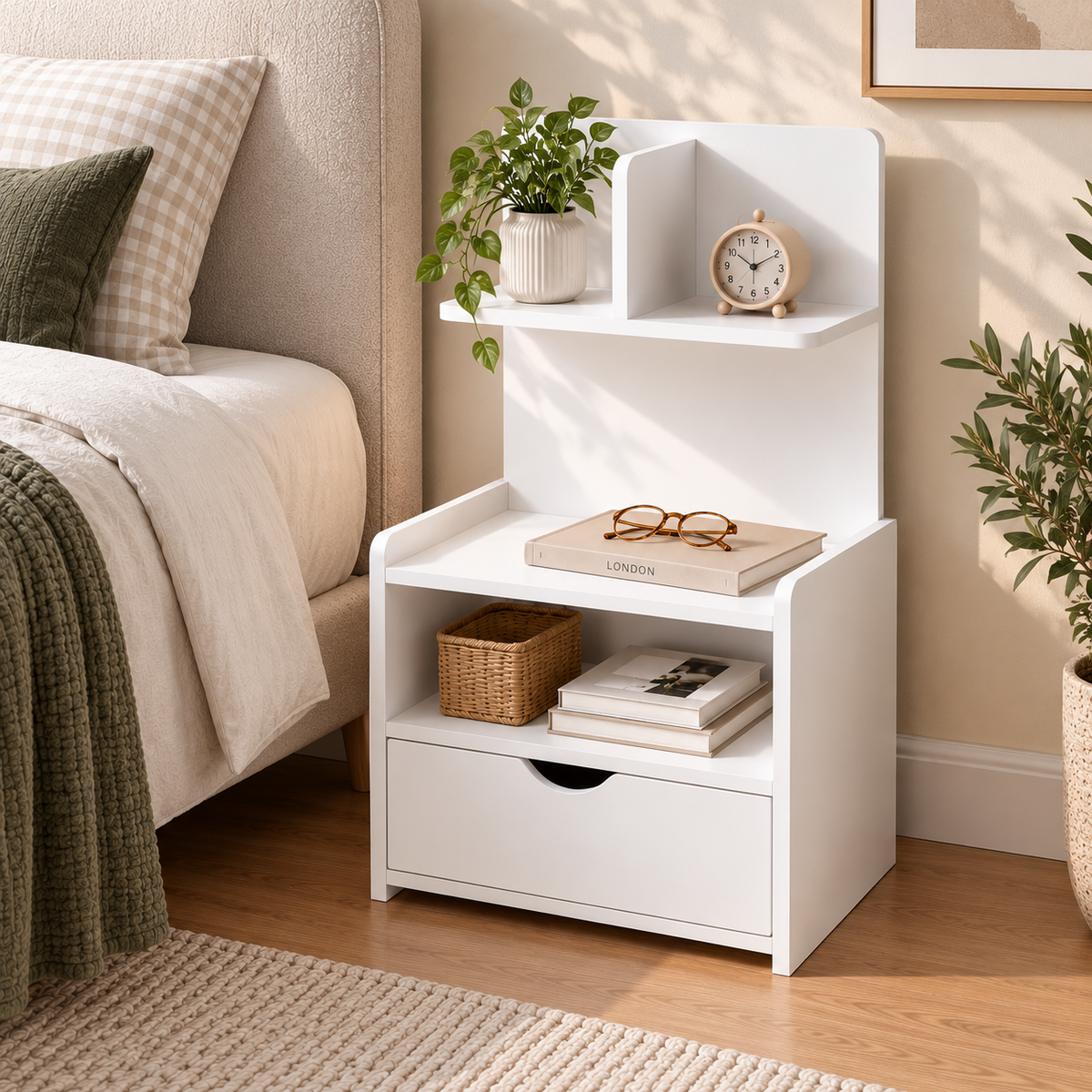 Bedside Table Drawer Shelf Storage Nightstand White Wood