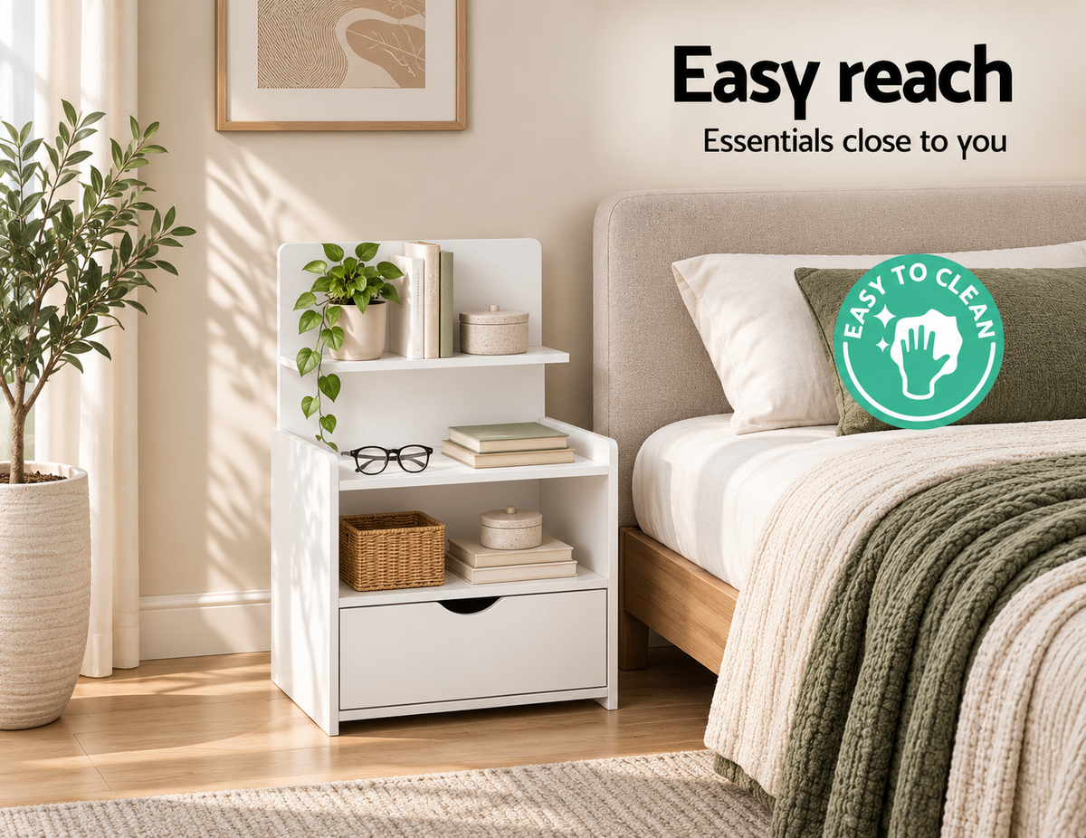 Bedside Table Drawer Shelf Storage Nightstand White Wood