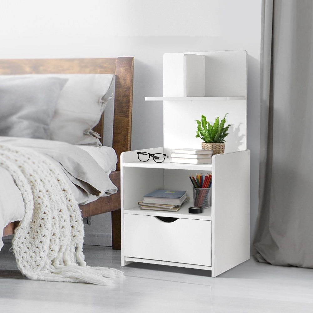 Bedside Table Drawer Shelf Storage Nightstand White Wood