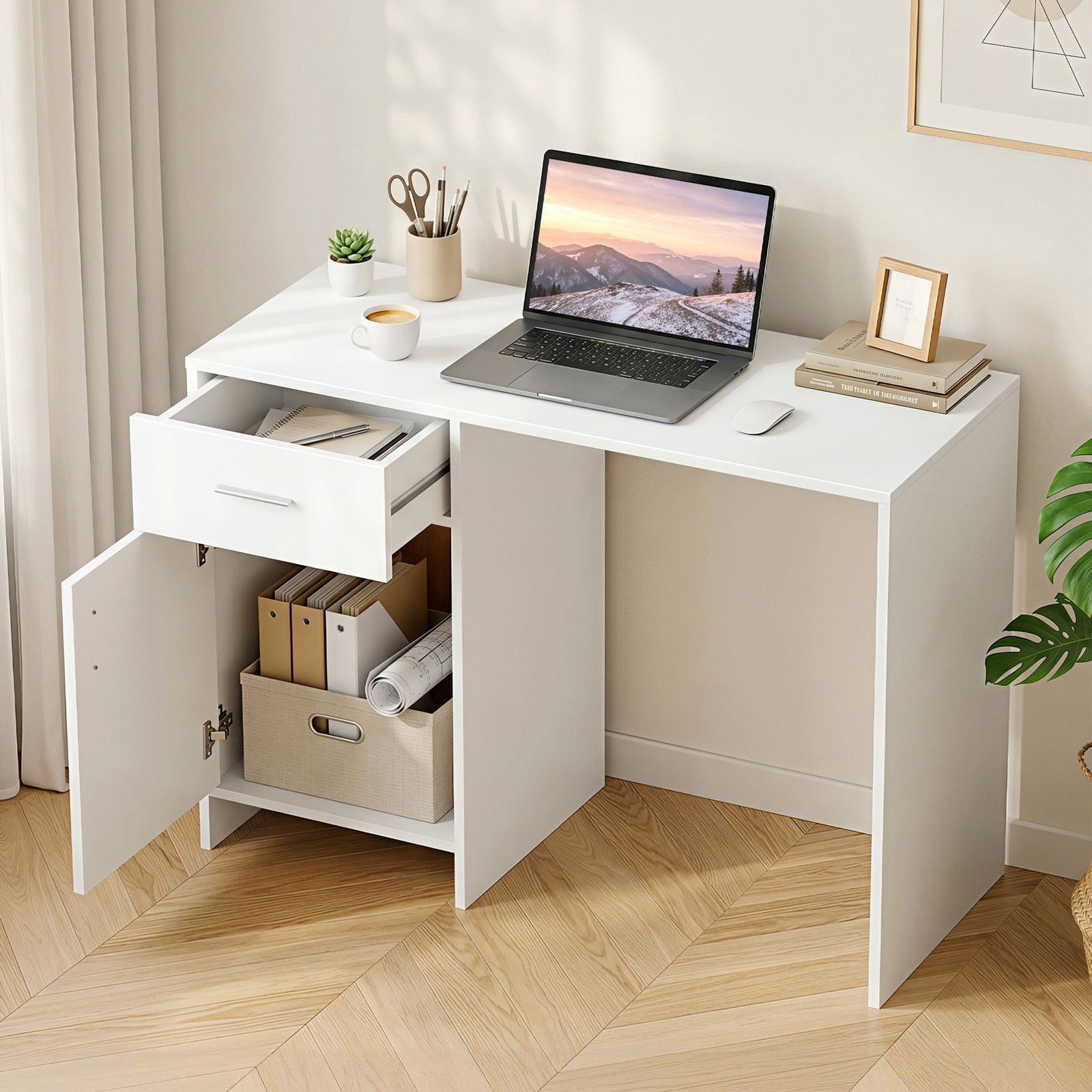 Artiss Office Computer Desk with Drawer Storage Cabinet 100cm White Study Table