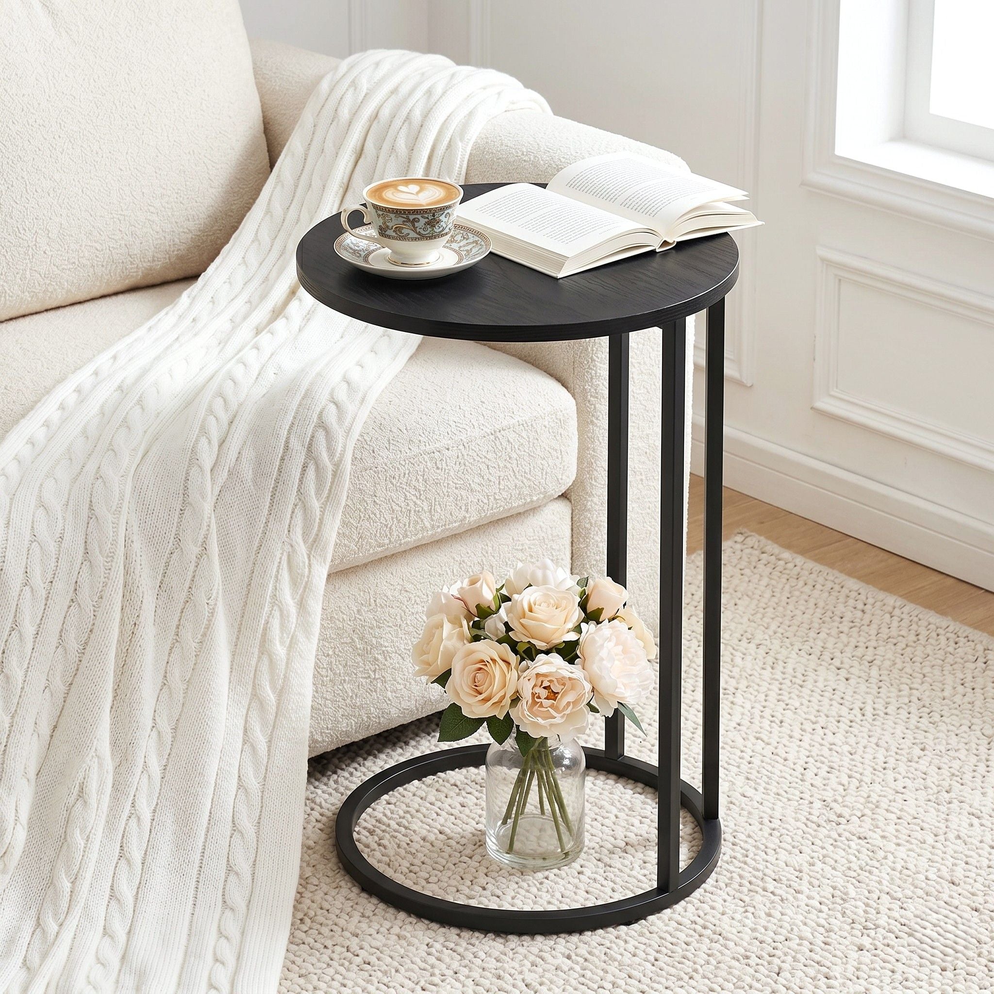 Artiss C-Shaped Side Table Industrial Coffee Table Metal Frame Black 40cm