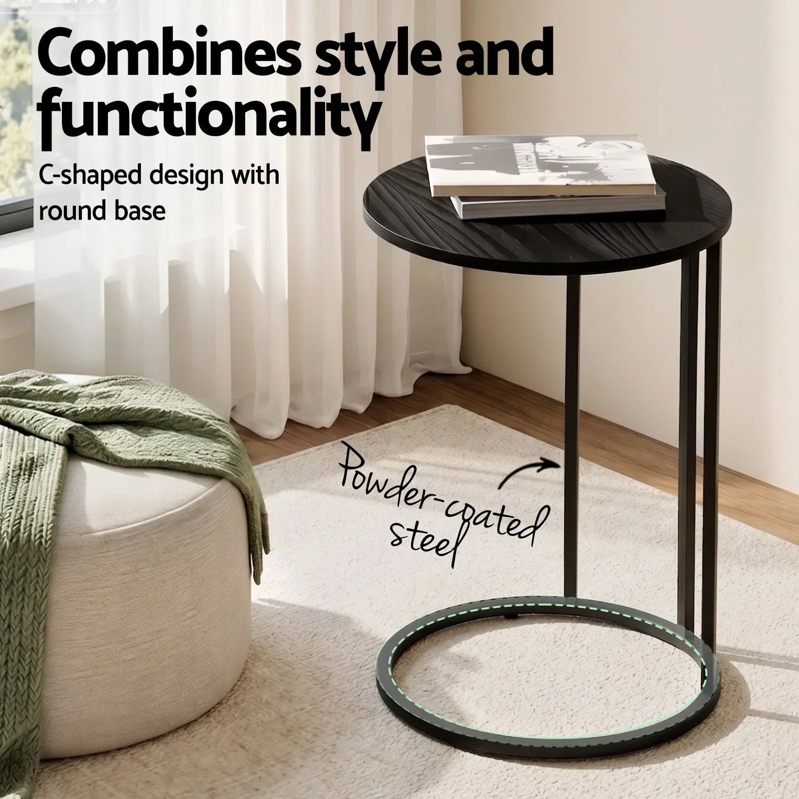 C‑Shape End Table Set of 2 – Black, Space‑Saving Side Tables, Metal Frame