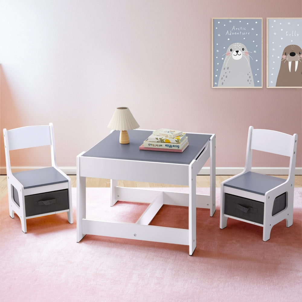 Keezi Kids Table and Chairs Set Play Activity Toys Storage Chalkboard Desk Grey