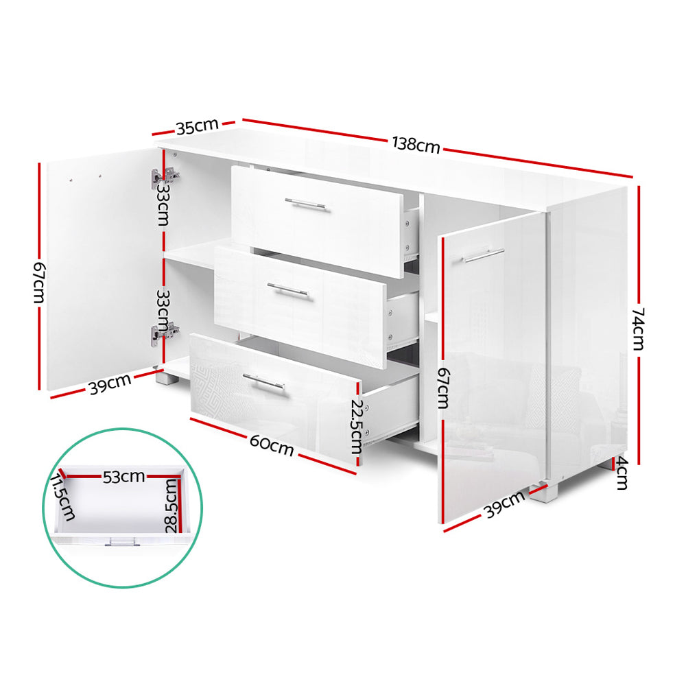 Artiss High Gloss Buffet Sideboard Cabinet 3 Drawer 2 Door Storage Unit White