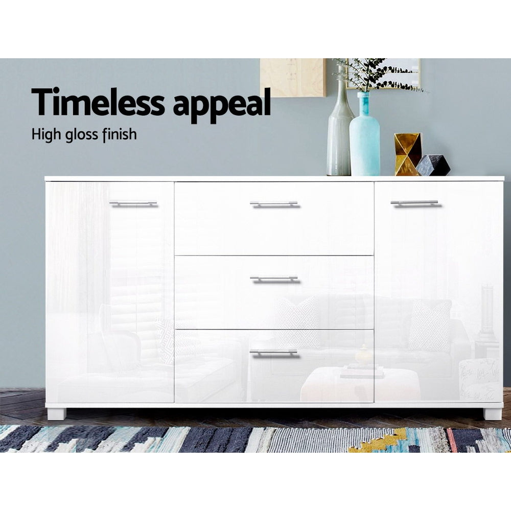 Artiss High Gloss Buffet Sideboard Cabinet 3 Drawer 2 Door Storage Unit White