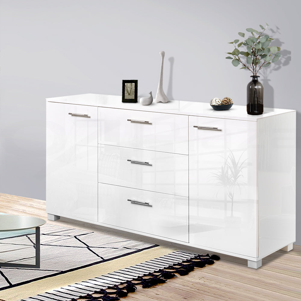 Artiss High Gloss Buffet Sideboard Cabinet 3 Drawer 2 Door Storage Unit White