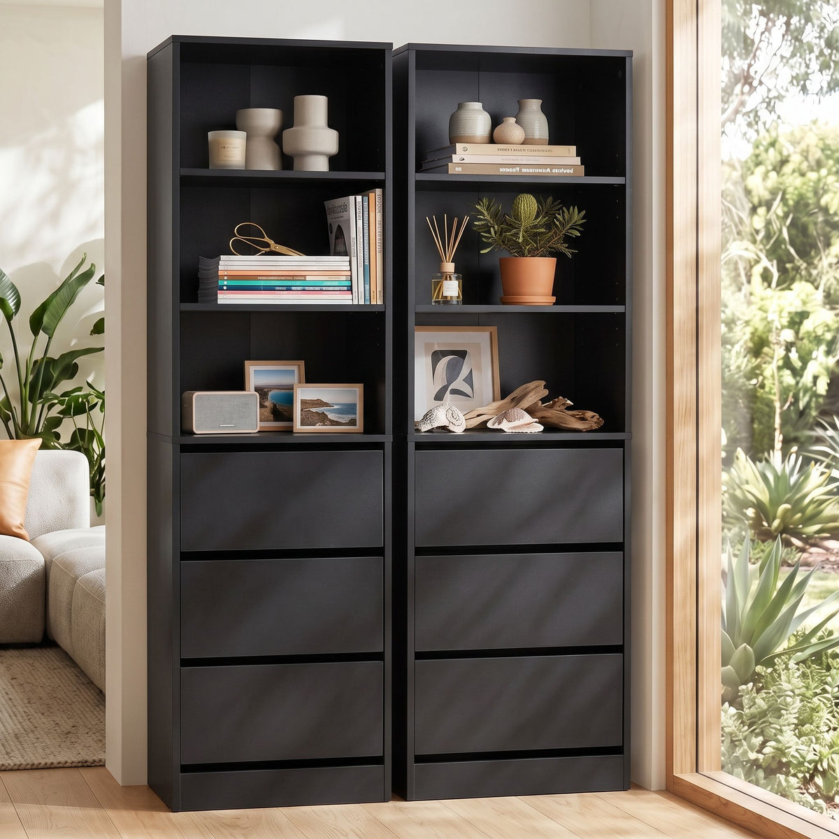 Artiss 2x Chest of 3 Drawers Tallboy Cabinet Black