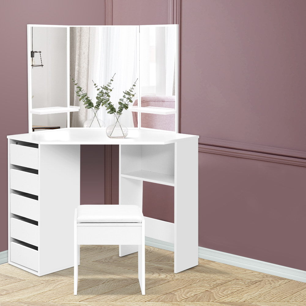 Artiss Dressing Table Stool Set Corner 5 Drawers White