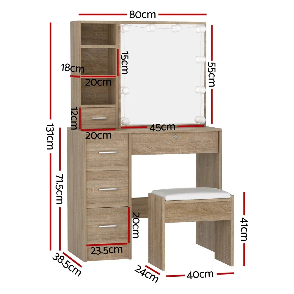 LED Dressing Table – Hollywood Mirror, 5 Drawers, Sliding Storage, Wood