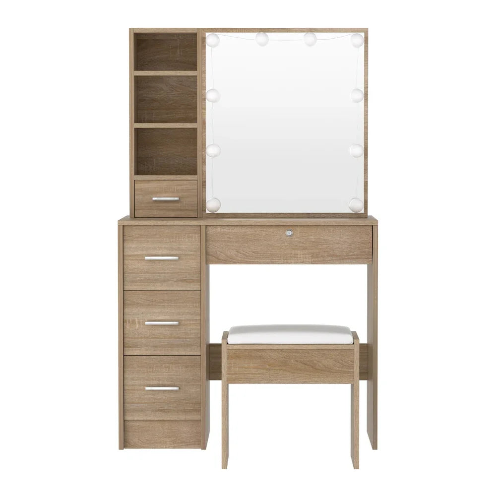 LED Dressing Table – Hollywood Mirror, 5 Drawers, Sliding Storage, Wood