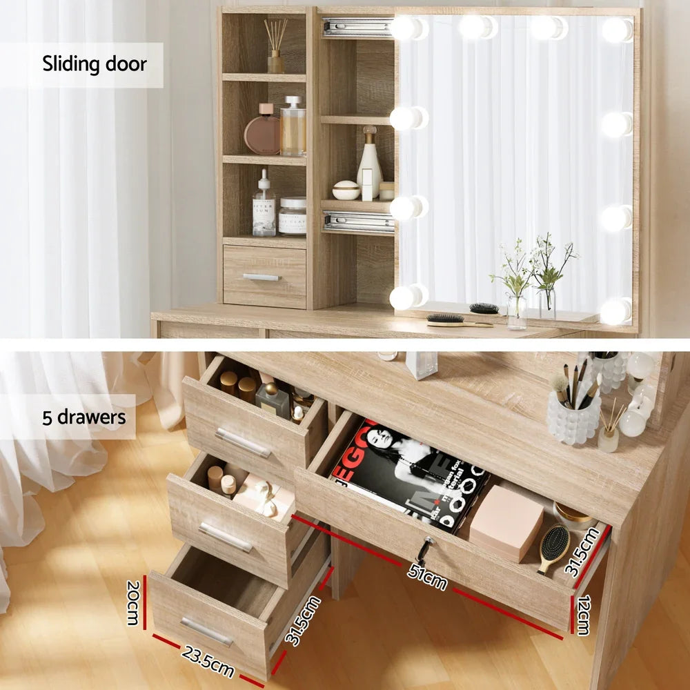 LED Dressing Table – Hollywood Mirror, 5 Drawers, Sliding Storage, Wood