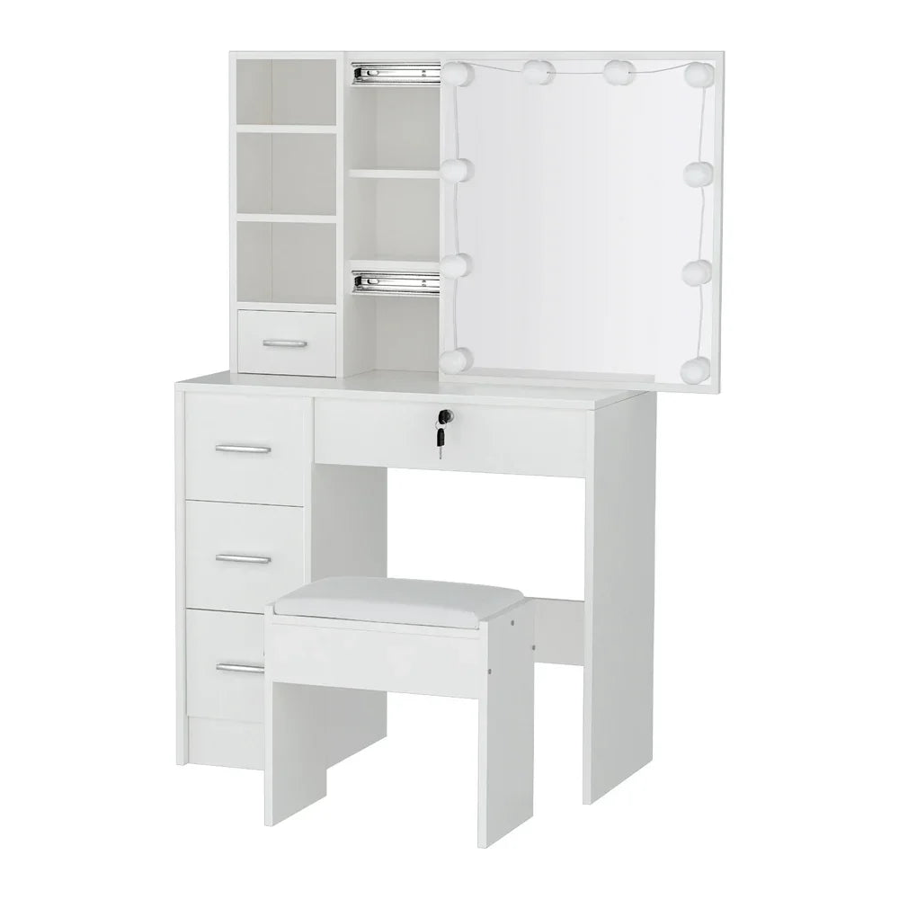Artiss LED Vanity Table – Hollywood Mirror, 5 Drawers, Sliding Storage, Stool, White