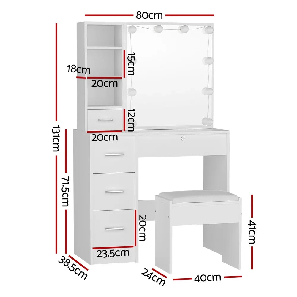 Artiss LED Vanity Table – Hollywood Mirror, 5 Drawers, Sliding Storage, Stool, White