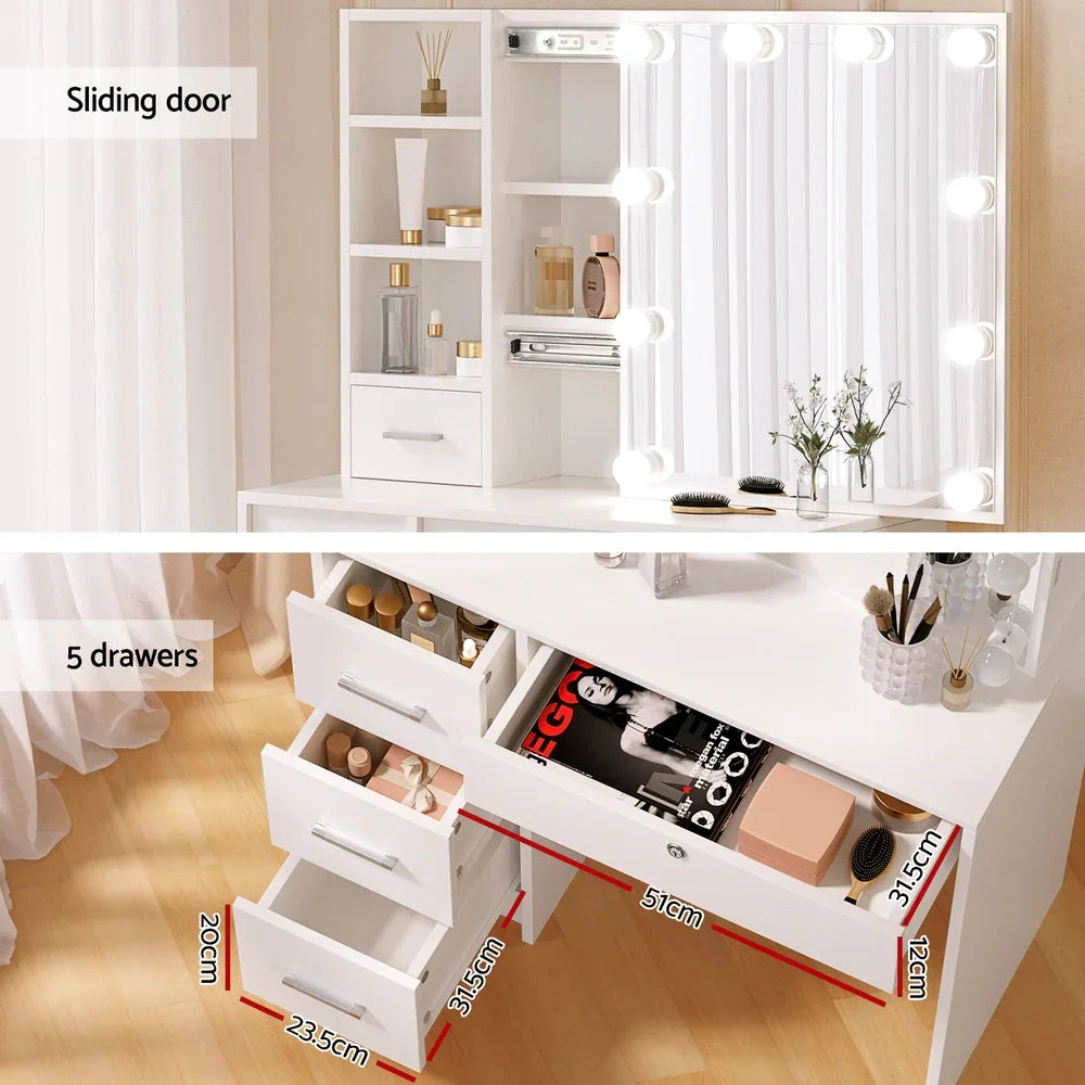 Artiss LED Vanity Table – Hollywood Mirror, 5 Drawers, Sliding Storage, Stool, White