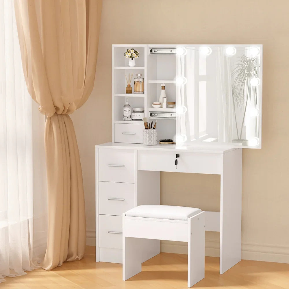 Artiss LED Vanity Table – Hollywood Mirror, 5 Drawers, Sliding Storage, Stool, White