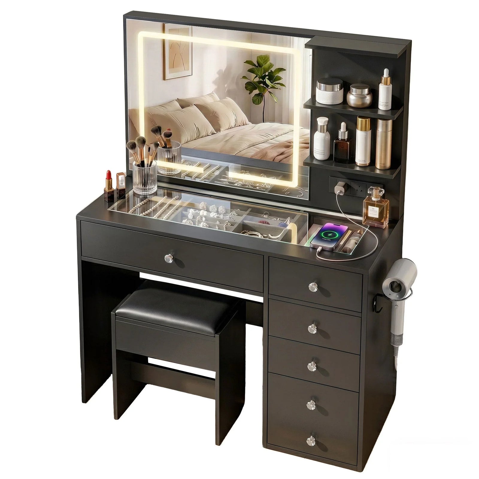 Dressing Table LED Vanity Desk Set Stool Black