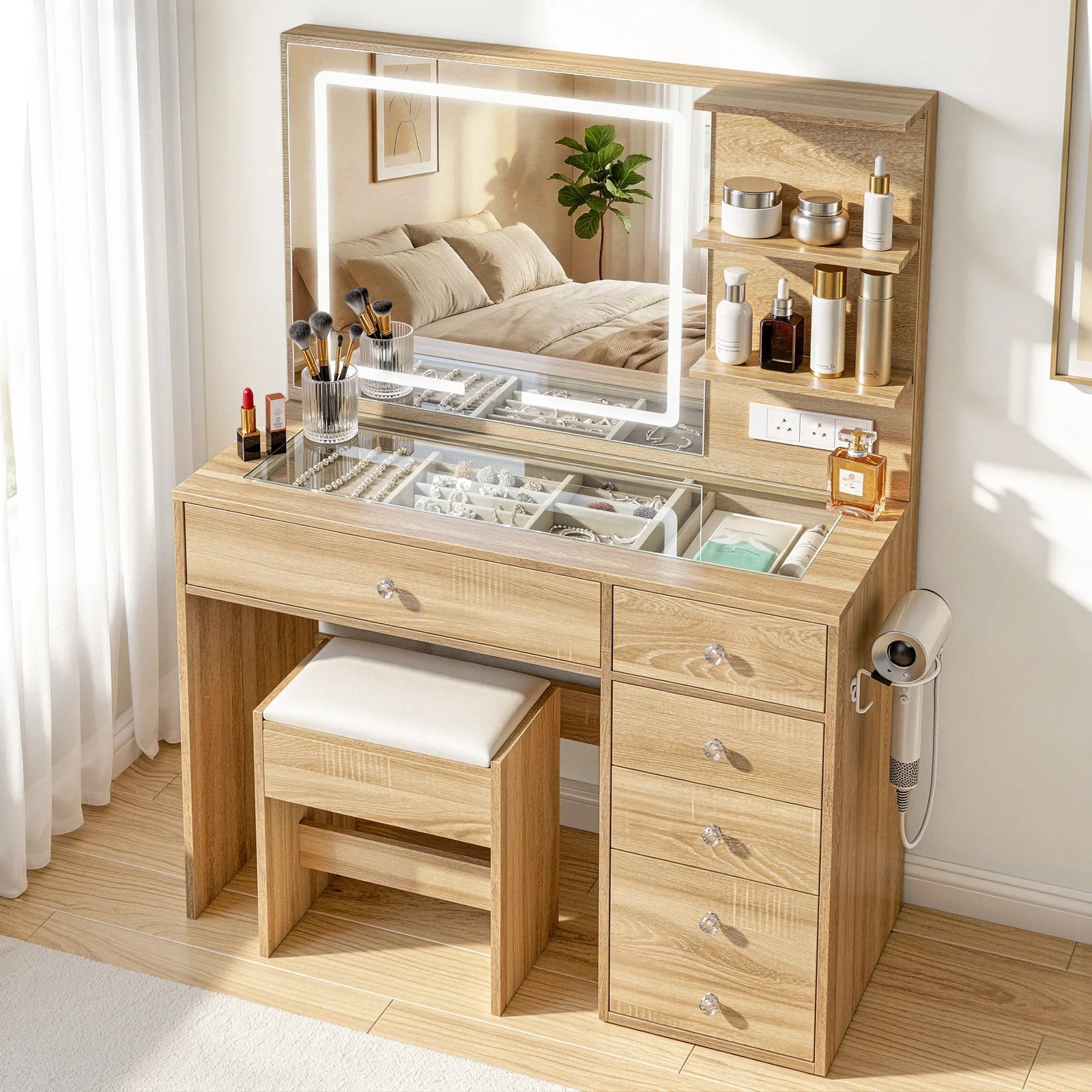 Dressing Table LED Vanity Desk Set Stool Wood