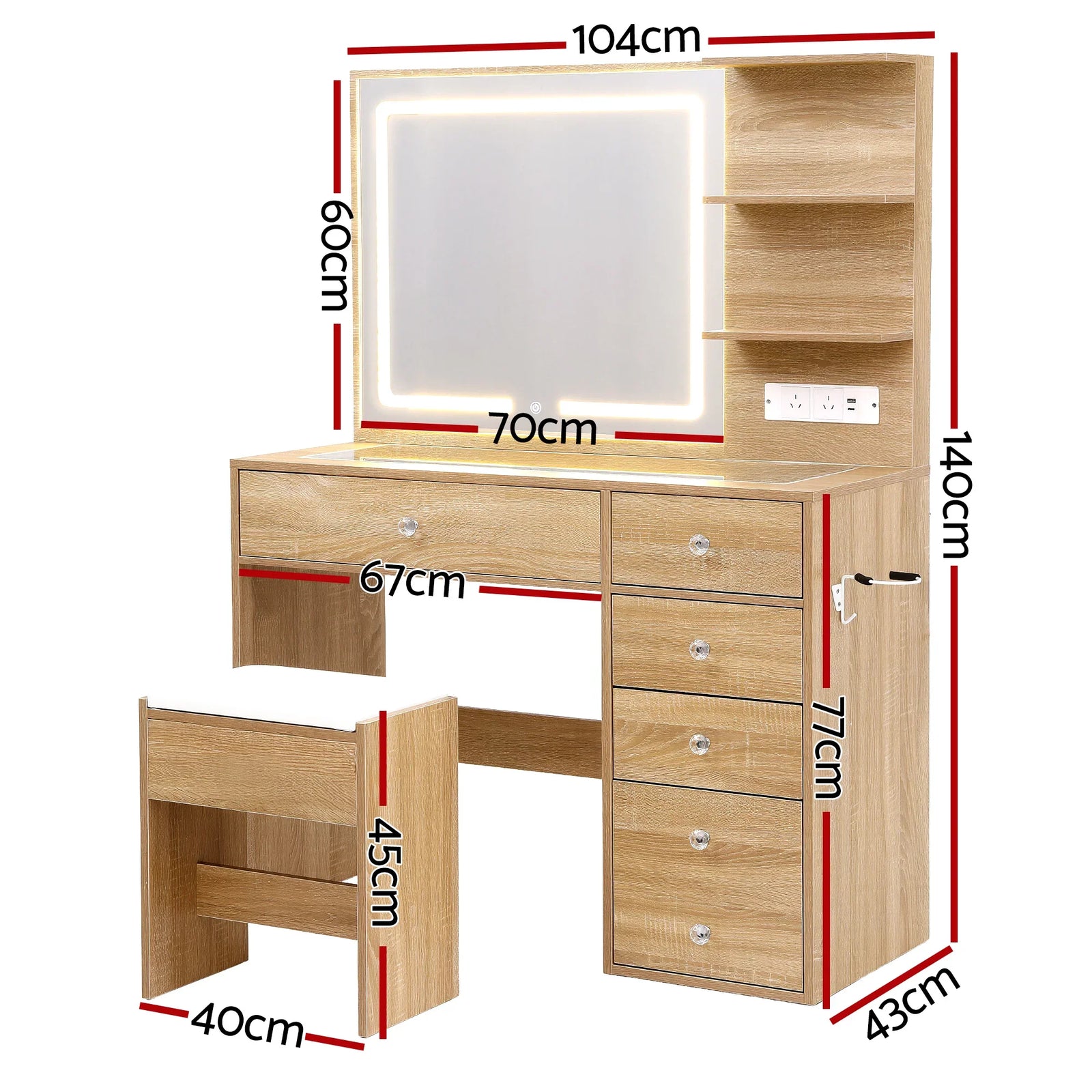 Dressing Table LED Vanity Desk Set Stool Wood