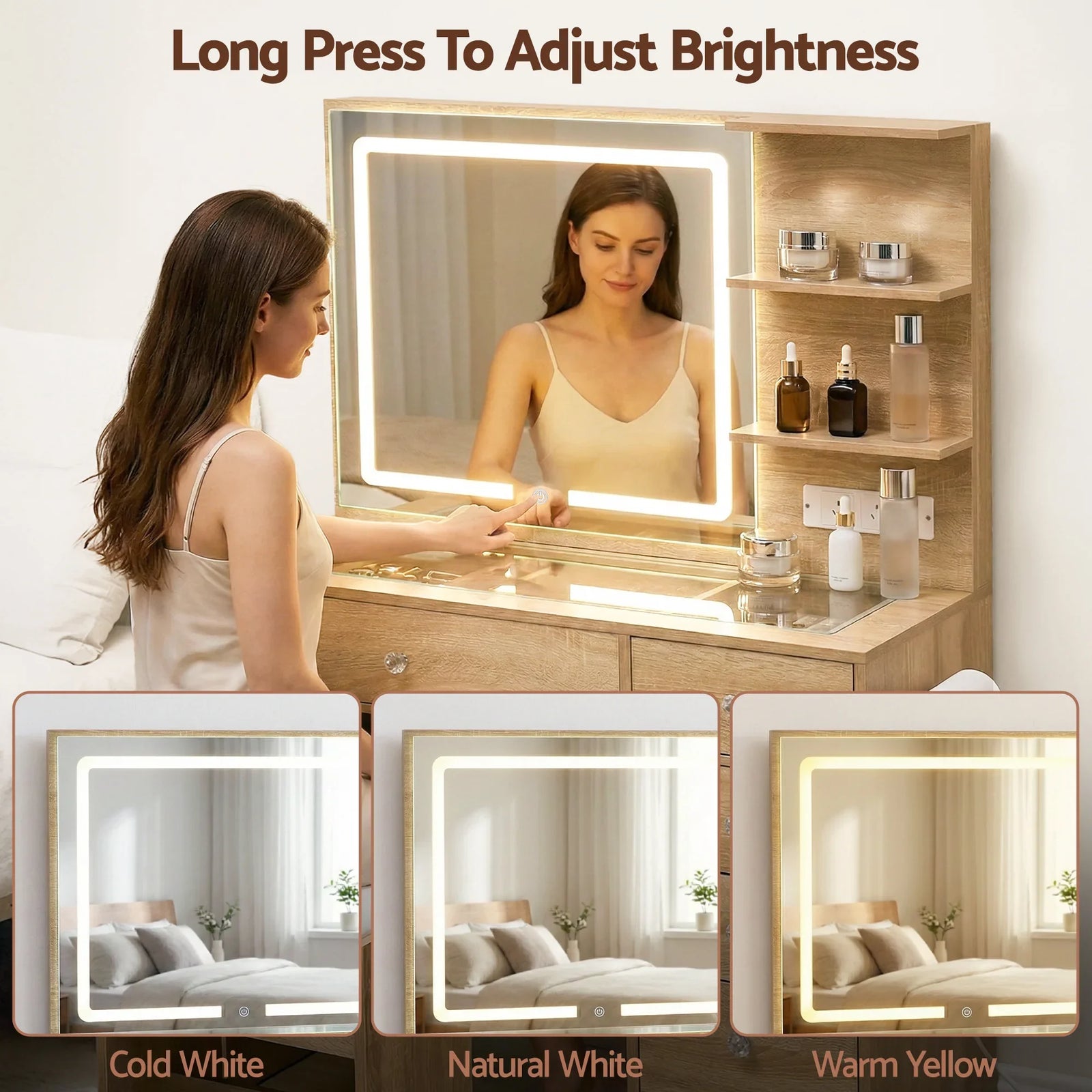 Dressing Table LED Vanity Desk Set Stool Wood